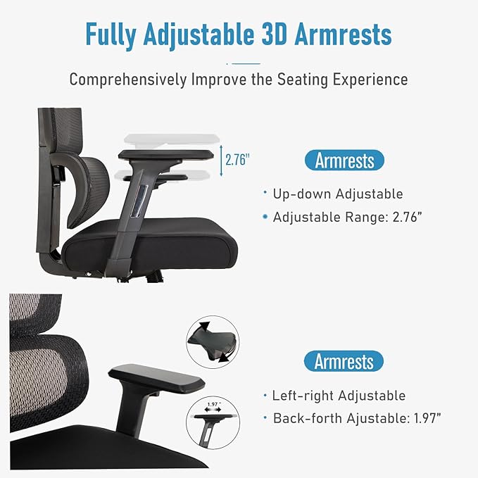 Sophia & William Ergonomic 3D Mesh Office Desk Chair High Back, 360° Swivel Rocking Executive Computer Chair with Height Adjustable Armrests, Lumbar Support and Headrest, Black, Load Capacity: 300 lbs