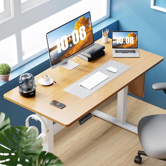 Sweetcrispy Electric Standing Desk Adjustable Height, 55x24 Inch Sit Stand Up Home Office Desks Computer Workstation PC Work Table with 3 Memory Preset Splice Wood Board Metal Frame, Oak