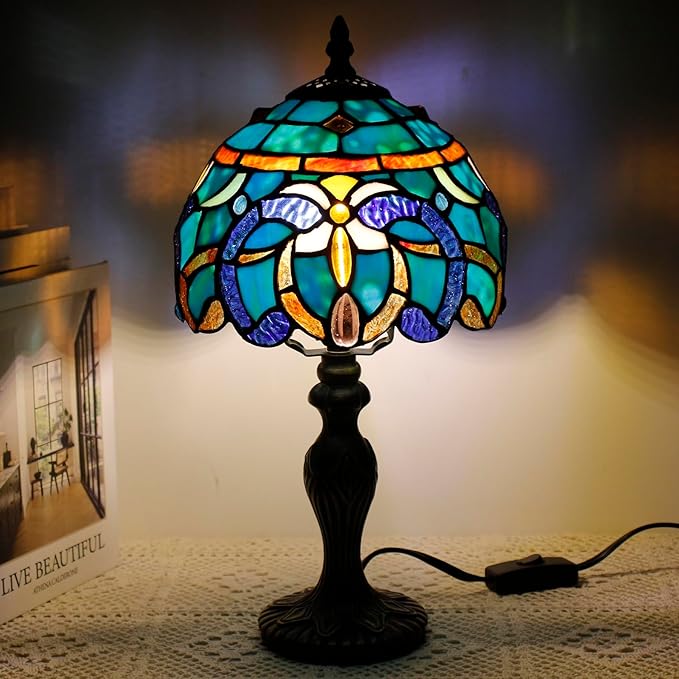 Small Tiffany Lamp Stained Glass Table Lamp Mini Desk Accent Light for Bedroom Bedside Reading Home Antique Style Decor 8X15 Inches (Brown Jewelry Baroque)