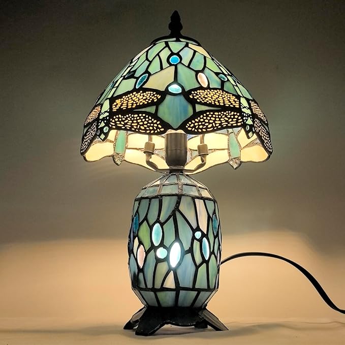 Small Tiffany Lamp Stained Glass Table Lamp Mini Mother Daughter Vase Desk Accent Light for Bedroom Bedside Reading Home Antique Style Decor 8X14 Inches (Sea Blue Dragonfly)