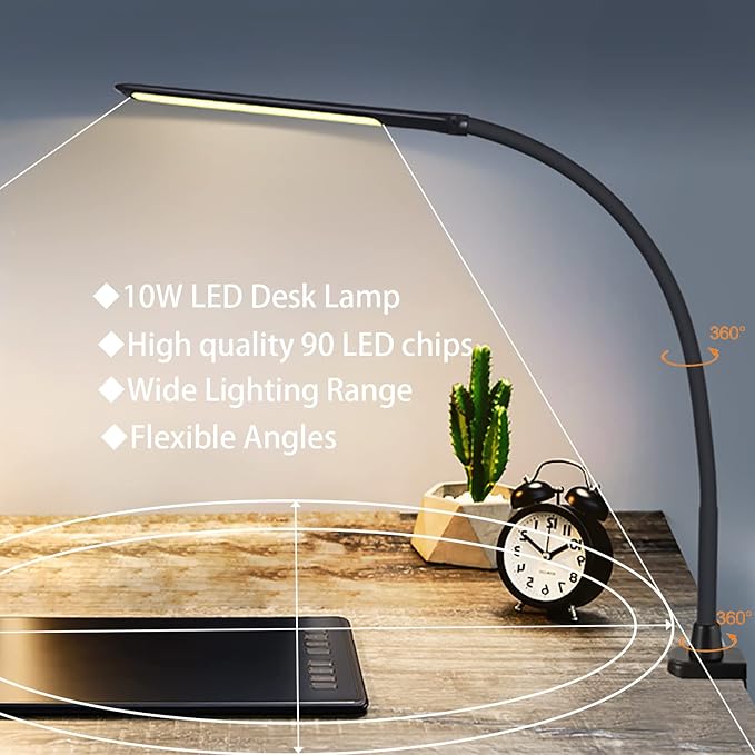 YOUKOYI LED Desk Lamp with Clamp,10W Swing Arm Clamp Lamp, 5 Brightness Levels & 4 Color Modes, Gooseneck Lamps Touch Control, Architect Desk Lamp for Home Office, Reading, Work(Black)