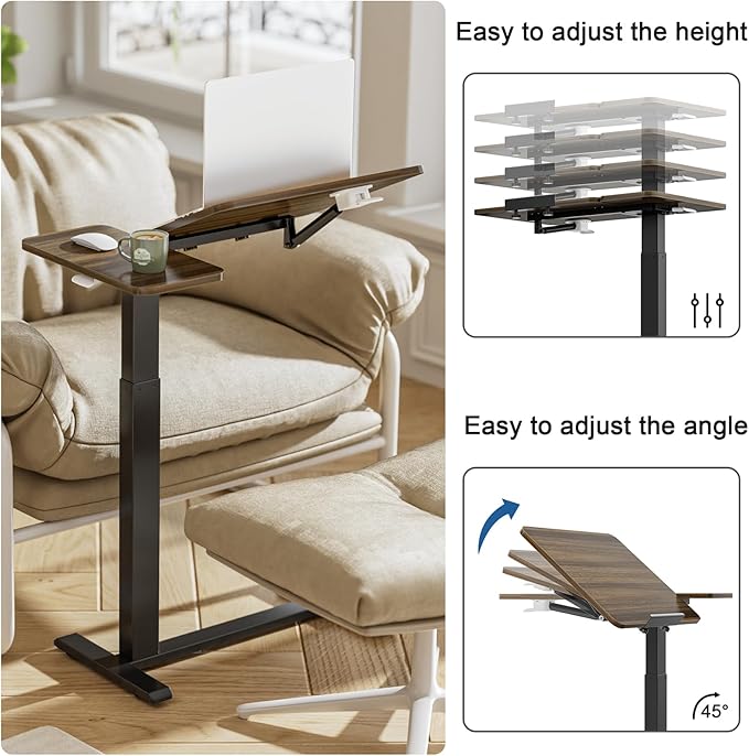 Ywin Medical Adjustable Tilt Overbed Bedside Table with Wheels, Swivel Portable Tray Table(27.6" W x 15.8" D), Small Standing Desk for Bedroom, Hospital, Couch, Office Use,Black Walnut