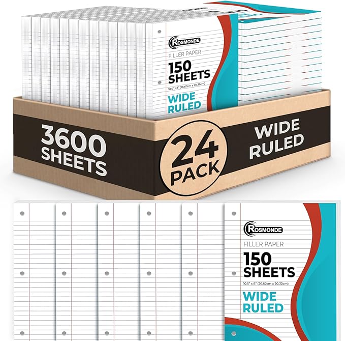 Rosmonde Bulk 3600 Sheets Loose Leaf Binder Filler Paper, Wide Ruled, Bulk Notebook Paper, 8 x 10.5", Loose Leaf Sheets, 3 Hole Punched, 24 Pack, 150 Sheets/Pack, Filler Papers, White