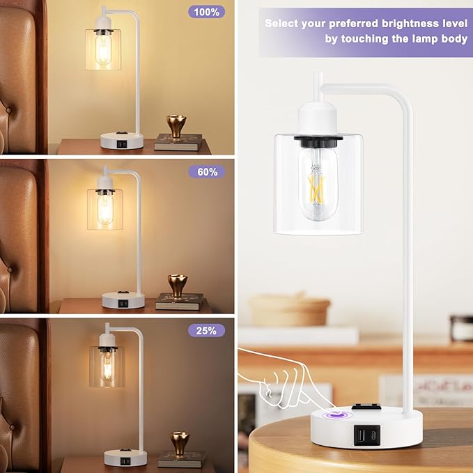 Innqoo Industrial White Table Lamps for Bedrooms Set of 2-3-Way Dimmable Desk Lamp with USB C+A Ports and Outlet, White Lamps with Clear Glass Shade for Living Room