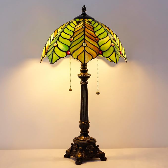 Tiffany Table Lamp Brown Green Leaf Style Stained Glass Desk Lamp 12X12X21 Inches Reading Light