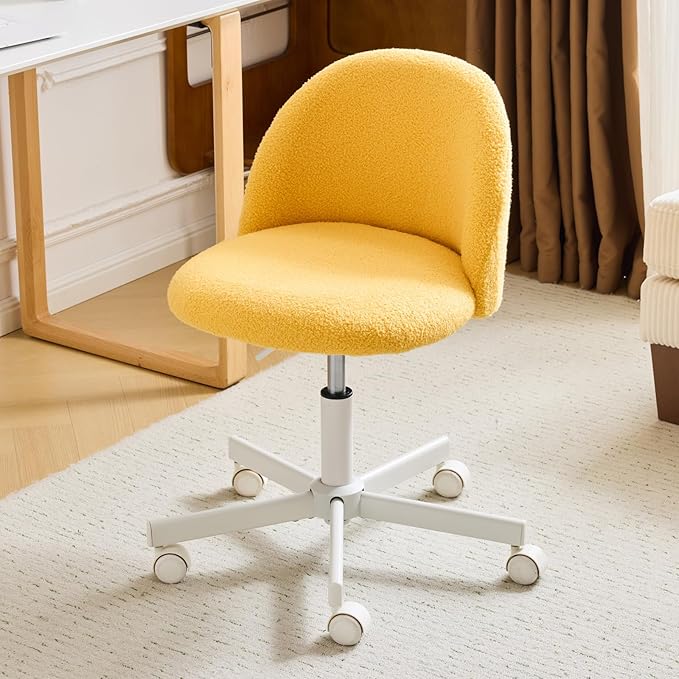 VINGLI Candy Chair Armless Cute Desk Chair,Comfy Small Office Chair with Wheels,Vanity Chair Lumbar Support,Teddy Adjustable Rolling Swivel Computer Task Chair for Home Office,Bedroom,Sunny Egg Yellow