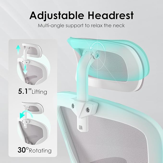 Farini Ergonomic Office Chair, Home Office Desk Chair with Headrest, High Back Computer Chair with Armrests and Adjustable Lumbar Support for Home Office Study Room, White & Gray