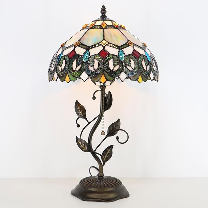 Tiffany Table Lamp, Stained Glass Style Desk Lamp, 12X12X19 Inch,Bedside Reading Light, Metal Leaf Base (Seven Color Baroque)