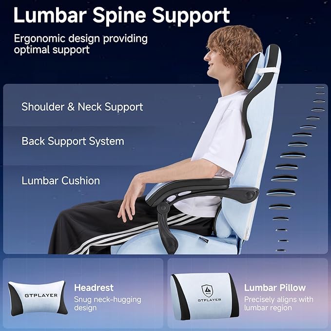 GTPLAYER Gaming Chair, Video Game Chairs with Footrest and Lumbar Support, Computer Chair for Adults with Extended Backrest, Ergonomic Reclining Silla Gamer, Velvet Fabric, Light Blue