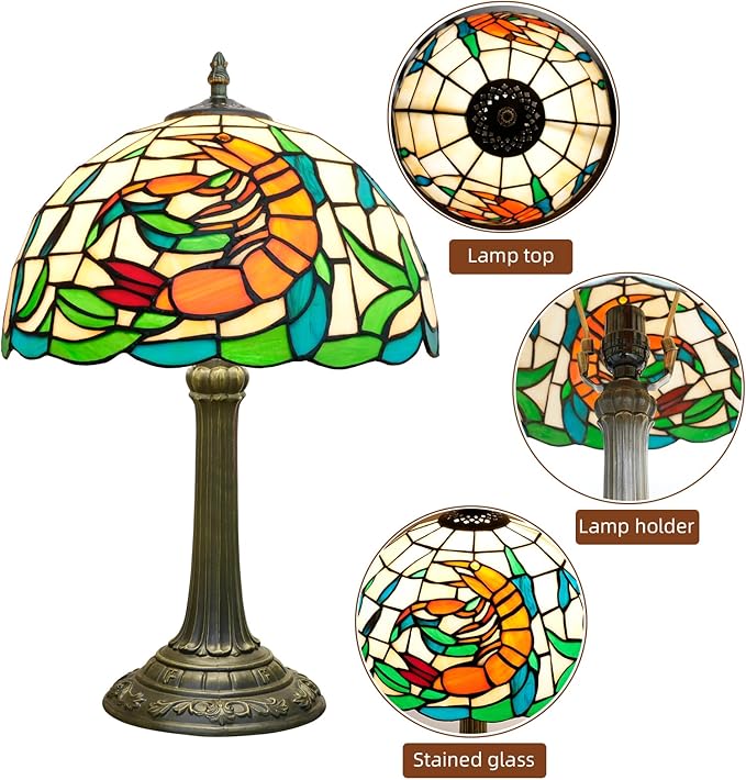 Tiffany lamp 12 inch Stained Glass lamp Orange Shrimp Warm Color Bedside lamp Suitable Bedroom Dormitory Dining Room Living Room Tiffany Style Retro Home Classical Art Decoration Handmade Craft Gift