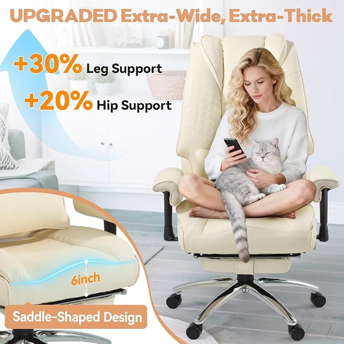 Massage & Heated Office Chair with Foot Rest, Ergonomic Executive Office Chair with Reclining Backrest, Adjustable Arms and Lumbar Support, High Back Leather Desk Chairs for Home Office, Beige