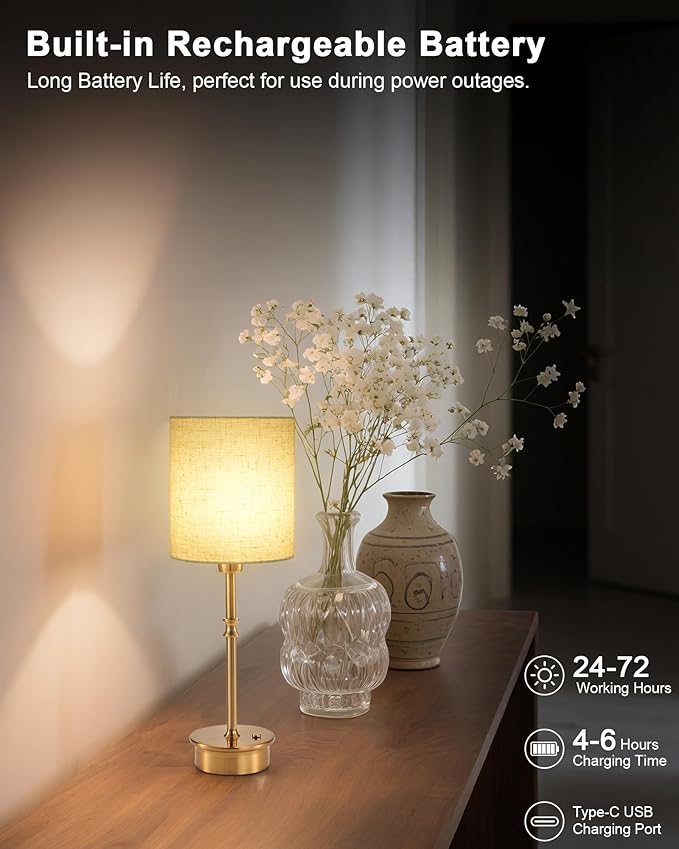 UMEXUS Cordless Table Lamp, Rechargeable Battery powered Light Patio, Dimmable Touch Small Accent Lamp with Linen Shade, Ambient Lighting for Home Nightstand Kitchen Counter Sofa Side End Dining Table