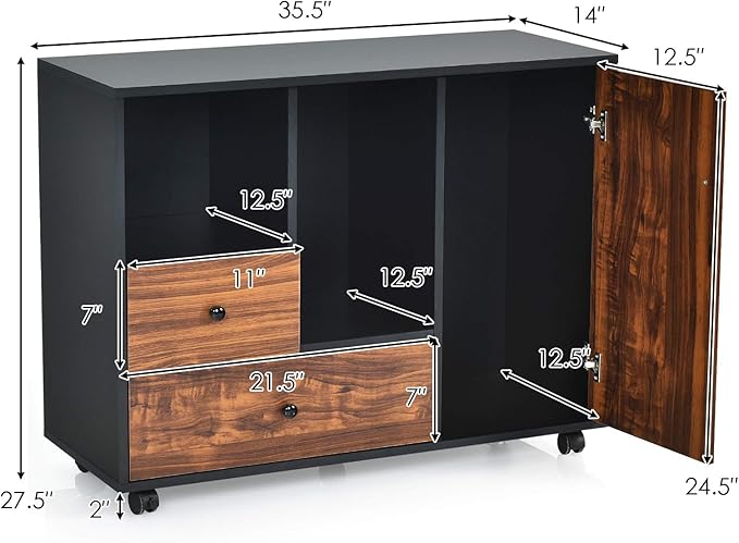 Giantex Mobile Filing Cabinet 2 Drawers, Large Storage Cabinet, Printer Stand on Wheels, Wood Lateral Industrial File Organizer with Open Shelves for Home and Office Use(Black+Brown, 4 Wheels)