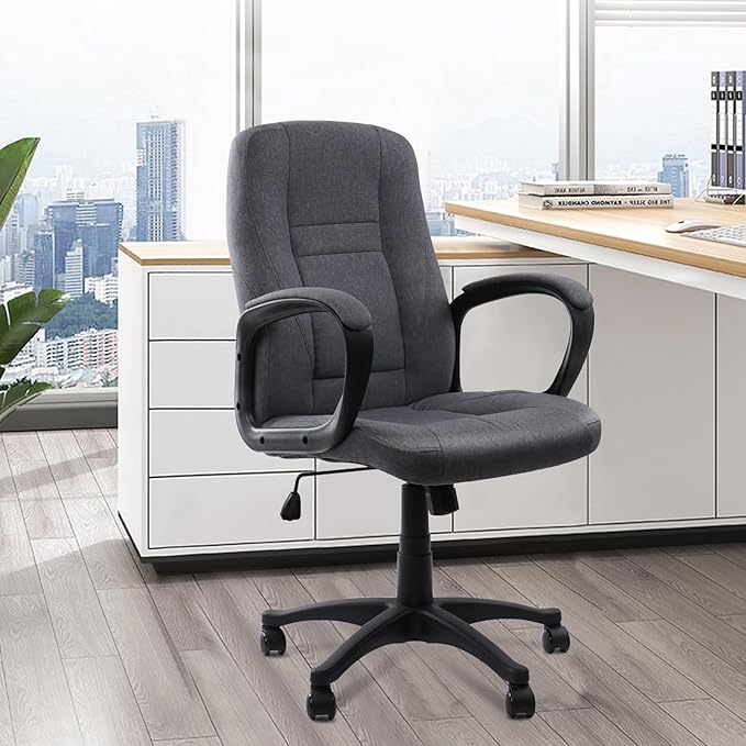 CLATINA Grey Cloth Breathable Fabric Office Desk Chair, Adjustable Height Mid Back Support Swivel Chairs Ergonomic with Arms and Wheels Comfortable Upholstered,300 LBS