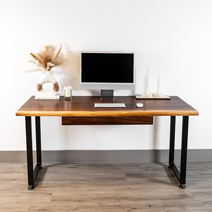 Solid Walnut Wood Computer Desk with Drawer– Live Edge Wooden Home Office Desks with Sturdy Metal Legs – Handmade Real Wood Table for Work, Study, or Gaming - 60” x 27”