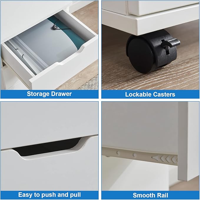 Farini 3-Drawer Vertical Filing Cabinet Rolling Wood Mobile File Cabinets Under Desk for Home Office with Casters (White, Non-Assembled)