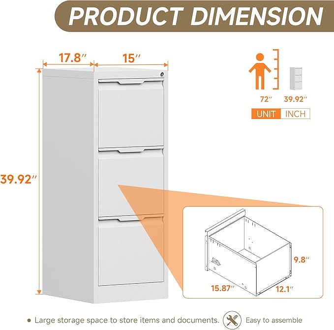 Coolsun 3 Drawer Vertical File Cabinet with Lock, Metal Filing Cabinet for Home Office, Locking File Cabinet for A4/F4/Legal/Letter, Assembly Required (White, 3 Drawer)