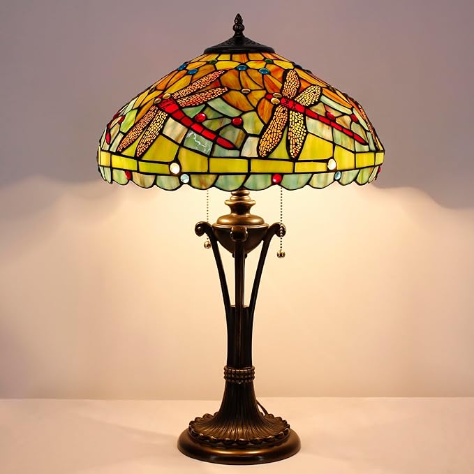 Tiffany Table Lamp Green Red Stained Glass Desk Lamp 16X16X24 Inches Dragonfly Style Reading Light
