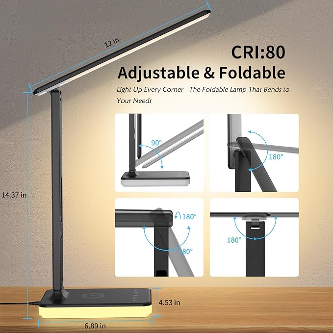 LED Desk Lamp with Wireless Charger, USB Charging Port, Reading Lamp Desk Light with 5 Brightness, 3 Colors, Table Lamp with Clock, Alarm, Date, Temperature, Desk Lamp for Home Office Study (Black)