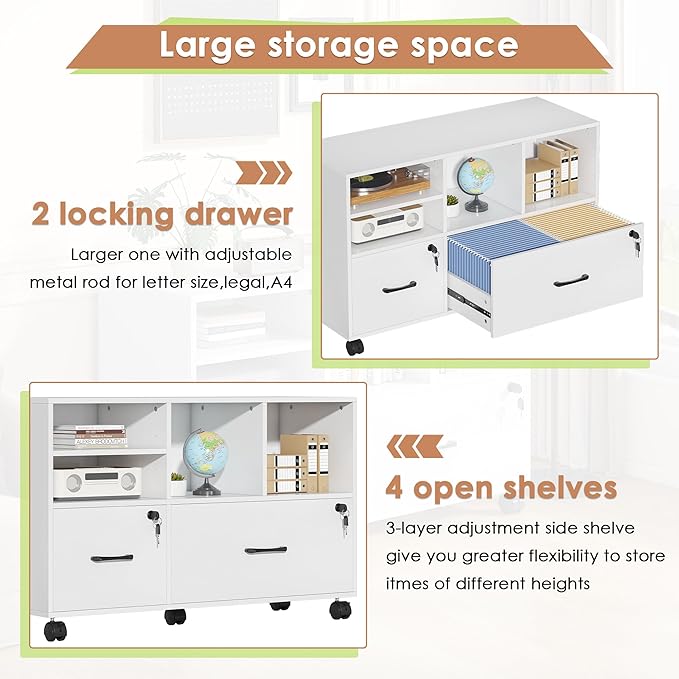 Semoic 2 Drawer Wood Lateral File Cabinet with Lock, Lockable Rolling Filing Cabinet with Open Storage Shelves, Printer Stand Office Storage Cabinet for Home Office Fits Files Legal/A4 Size, White
