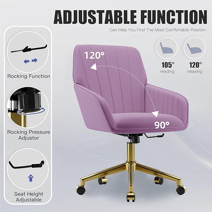YISHENG Velvet Office Desk Chair with Gold Base, with Wheels,Modern Height Adjustable 360 Degree Swivel Upholstered Vanity Chairs with Arms for Living Room Bedroom,Purple
