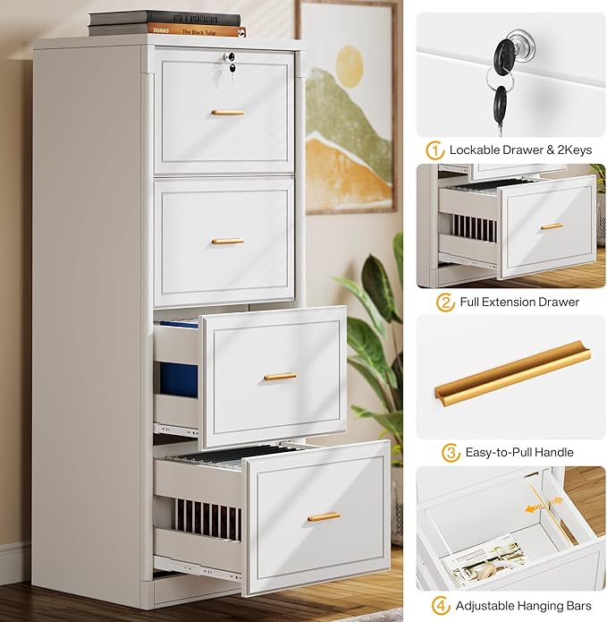 Tribesigns 4 Drawer File Cabinet with Lock, Locked File Cabinet with Key, Tall Wooden Filing Cabinets for Home Office, Vertical Office Storage for Legal Size/Letter/A4/Files, White