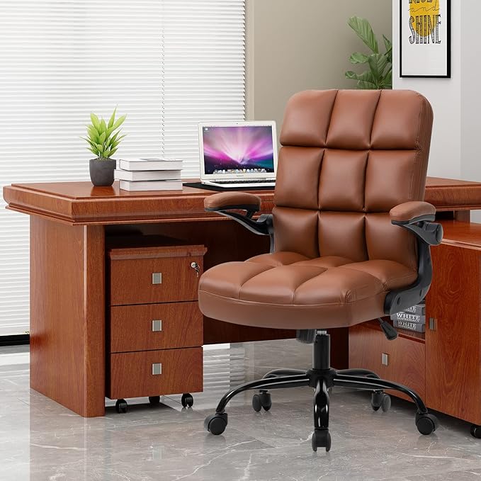 SEATZONE Executive Office Chair Small PU Leather Desk Chair with Wheels,Ergonomic Computer Swivel Rolling Task Chair with Back Support,Brown