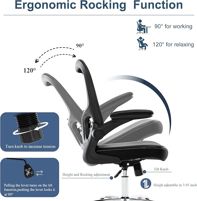 Ergonomic Office Chair with Lumbar Support, Adjustable PU Leather Computer Chair, Executive Desk Chair with Flip-up Arms, Breathable Mesh Back, Swivel Rolling Task Chair for Home Office Black