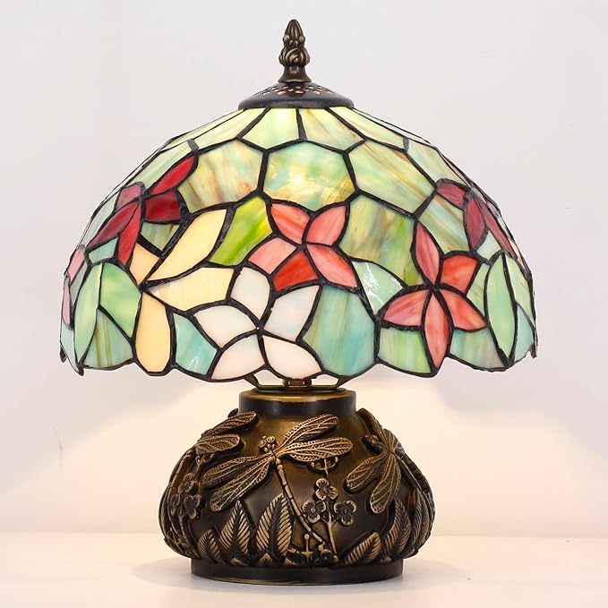 Small Tiffany Table Lamp Red Green Flowers Style Stained Glass Desk Lamp 10X11.5 Inch Mushroom Table Light for Office Home Living Room Bedroom