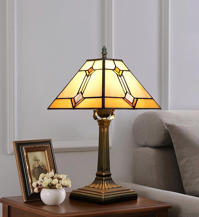 Tiffany Table Lamp Mission Style Stained Glass Table Light Yellow Antique Desk Lamp Vintage Beside Reading Lamp for Home Living Room Bedroom Office