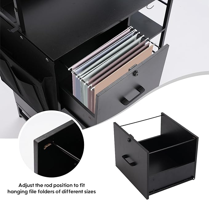 Vertical File Cabinet,Filing Cabinet with Shelves,Charging Station,Hanging Pouch and Hooks,Vertical Filing Cabinet Fits Letter/A4/Legal Size (Black)