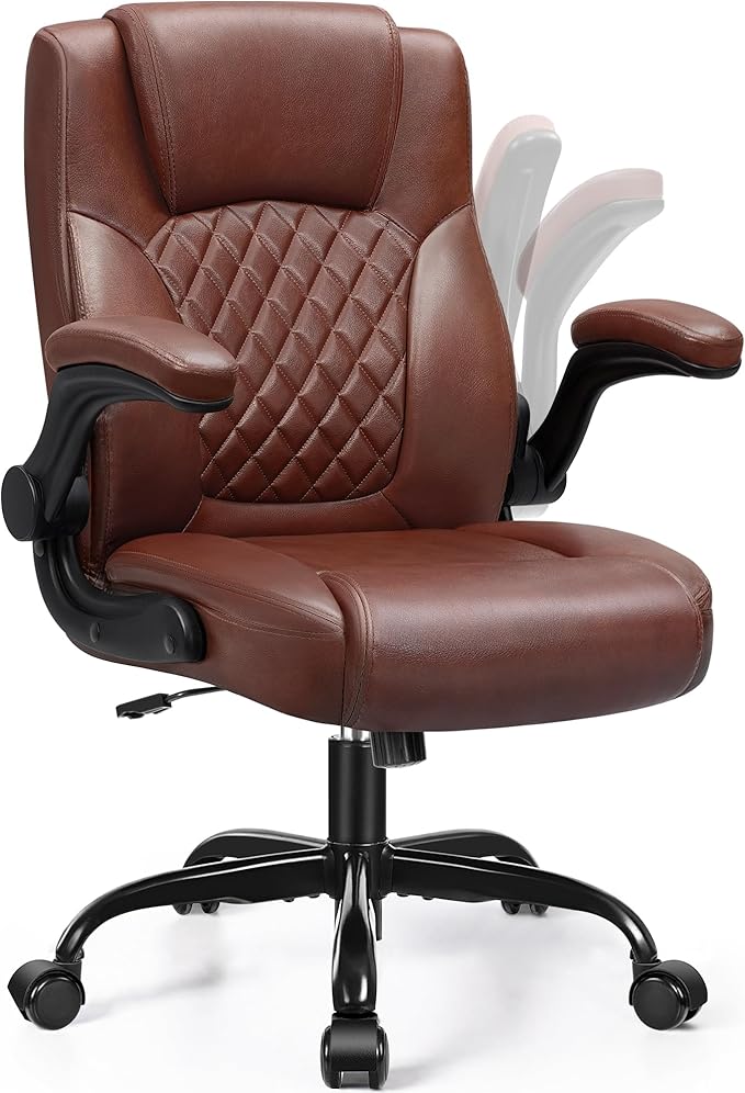 Leather Office Chair, PU Home Computer Desk Chairs with Ergonomic Back Support, 360° Swivel Free,Small Gmaing Chair with Wheels and Adjustable Armrests, for Short People Use, Vintage Brown