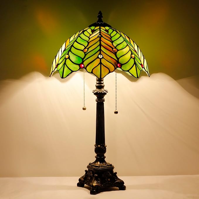 Tiffany Table Lamp Brown Green Leaf Style Stained Glass Desk Lamp 12X12X21 Inches Reading Light