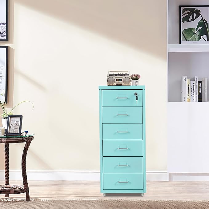 TFCFL Mobile File Cabinet 6 Drawer Vertical File Cabinet with Wheels Metal File Cabinet with Lock for Home Office, 11" D x 16" W x 27" H (Blue)