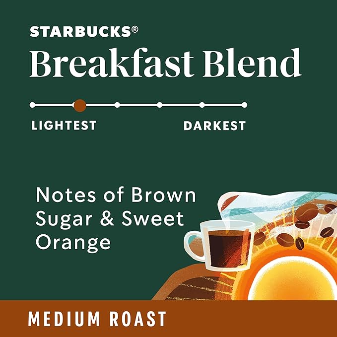 Starbucks K-Cup Coffee Pods, Medium Roast Coffee, Breakfast Blend for Keurig Coffee Makers, 100% Arabica, 1 box (22 pods)