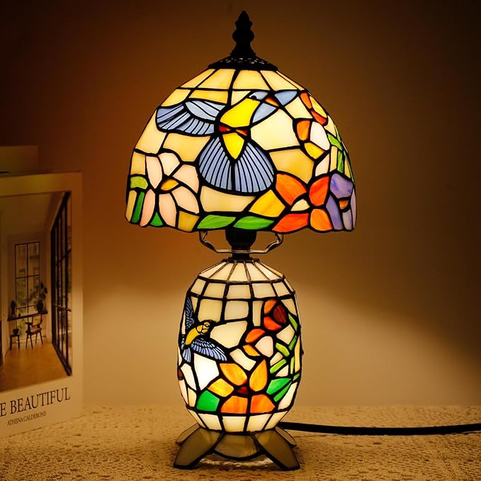 Small Tiffany Lamp Stained Glass Table Lamp Mini Mother Daughter Vase Desk Accent Light for Bedroom Bedside Reading Home Antique Style Decor 8X14 Inches (Hummingbird)