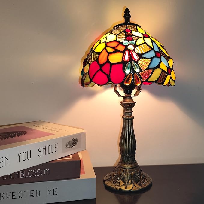 Small Tiffany Table Lamp 3-Way Tiffany Style Desk Lamp Stained Glass Antique Light Home Bedroom Bedside Lamp Retro Reading Decoration Lamps (Small Crushed Flowers Style)