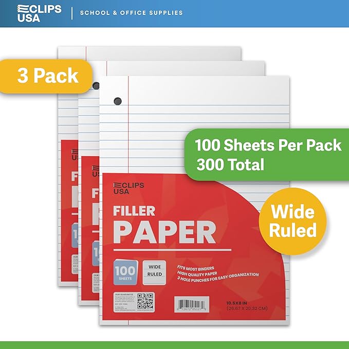 Notebook Paper, Loose Leaf Paper, Wide Ruled Paper, 10.5” x 8”, Filler Paper, 100 Sheets Per Pack, 60 gsm (3 Pack)