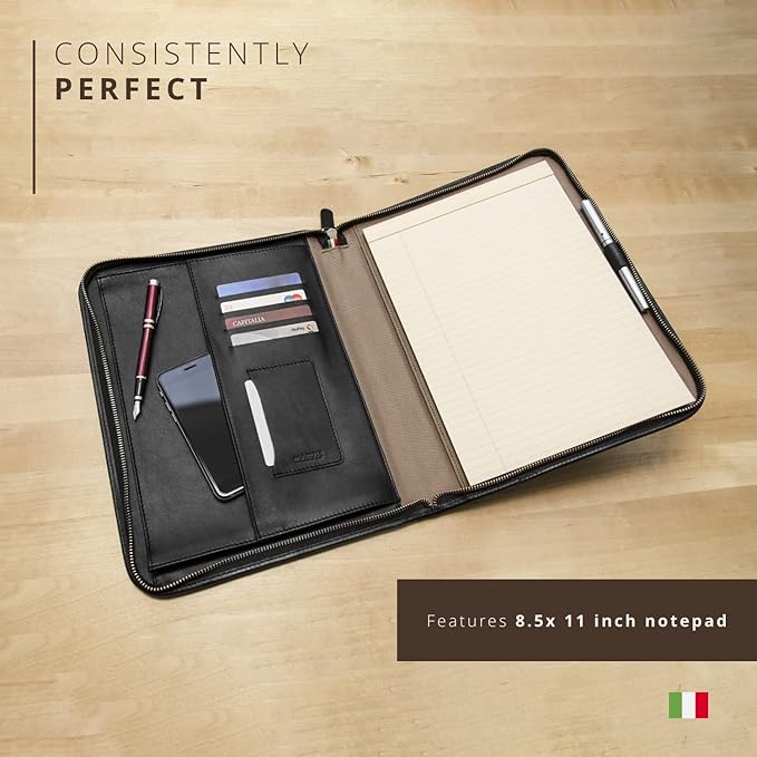 Premium Maruse Leather Portfolio Padfolio - Executive Folio for Men and Women with Zipper, Folio Document Organizer, Laptop Sleeve, iPad Case and Folder - Made in Italy, Black