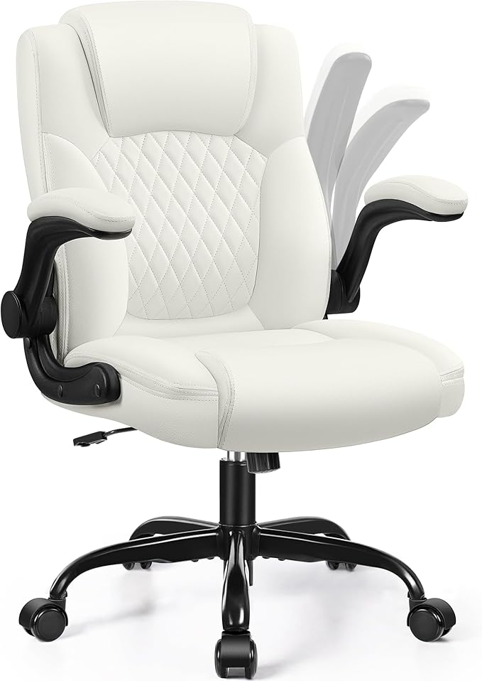 Leather Office Chair, PU Home Computer Desk Chairs with Ergonomic Back Support, 360° Swivel Free,Small Gmaing Chair with Wheels and Adjustable Armrests, for Short People Use, White