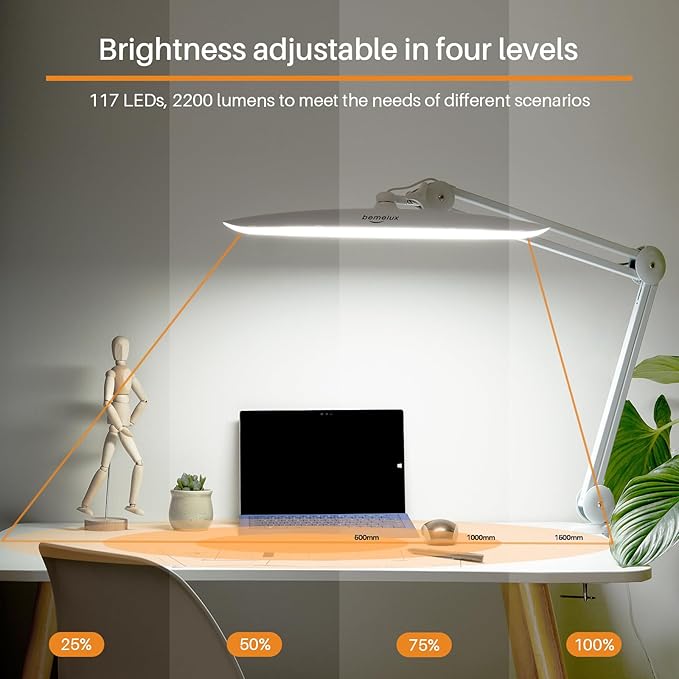 LED Nail Desk Lamp with Clamp, 117PCS LEDs, 2200 Lumens 20 Inch Metal Swivel Arm Dimming Task Lamp for Reading,Desktop Office,Workbench,Architect,Sewing,Study,Home Craft and Nail(White)