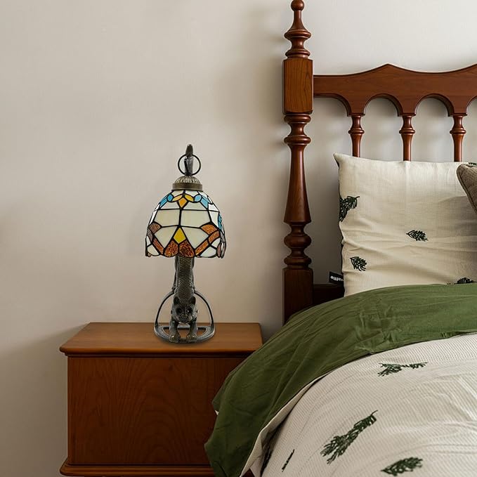 Tiffany Style Table Lamp, Stained Glass Bedside Nightstand Lamps with Cat Base, Vintage Antique Small Desk Light for Bedroom Living Room Home Office Reading Decoration, 5.9x15.74in (Style 1)