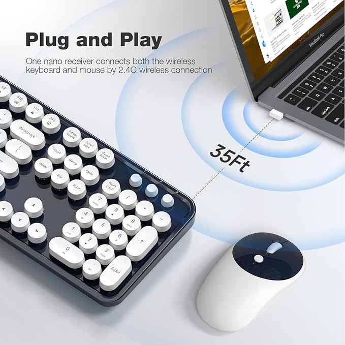 Wireless Keyboard and Mouse Combo - GEEZER Deepblue-White Full-Sized Colorful Keyboard 104 Keys - USB 2.4 G Receiver Plug and Play Round Keycap Typewriter Keyboards, for Windows, PC, Laptop, Desktop