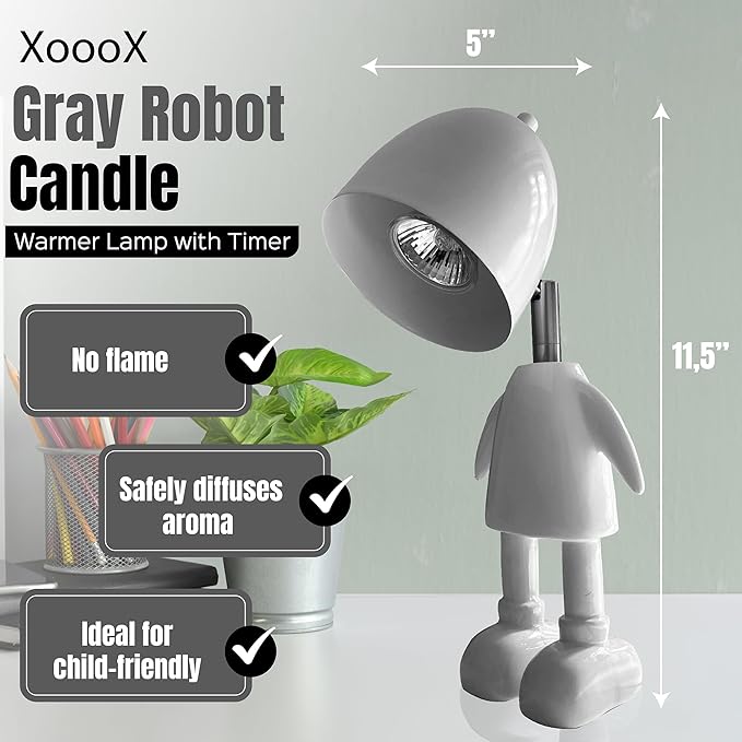 XoooX Gray Robot Candle Warmer Lamp with Timer - Adult, Kids and Boys Office Desk and Bedroom Decor Lamp; Gaming Room Decor Aesthetic; Fun Man Cave Cool Stuff; Robot Scented Candle Melter Diffuser