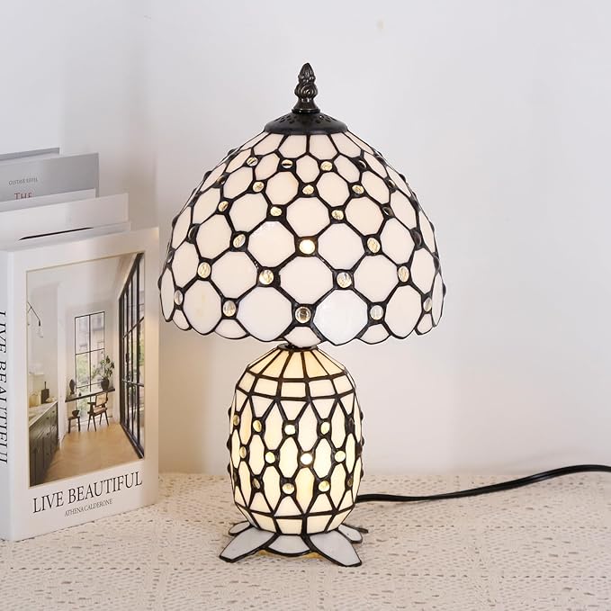 Small Tiffany Lamp Stained Glass Table Lamp Mini Mother Daughter Vase Desk Accent Night Light for Bedroom Bedside Reading Home Antique Style 8X14 Inches (White Yellow)