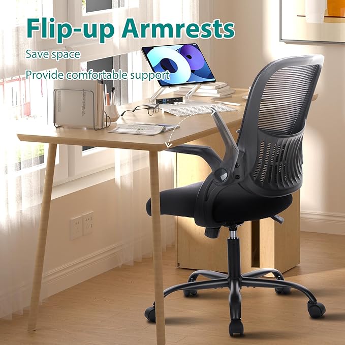 SMUG Office Computer Desk Chair, Ergonomic Mid-Back Mesh Rolling Work Swivel Task Chairs with Wheels, Comfortable Lumbar Support, Comfy Flip-up Arms for Home, Bedroom, Gaming, Study, Student