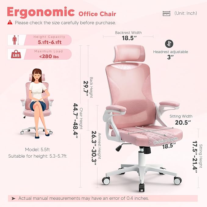 SEATZONE Pink Office Chair,Ergonomic Desk Chair with Adjustable Headrest and Lumbar Support,Swivel Mesh Office Chair with Flip up Armrest for Home Office and Gaming