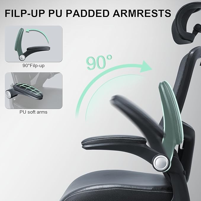Ergonomic Office Chair,High Back Mesh Desk Chair with Adjustable Lumbar Support & Headrest Home Office Computer Swivel Executive Task Chair with Flip-Up Armrests (Dark Black)