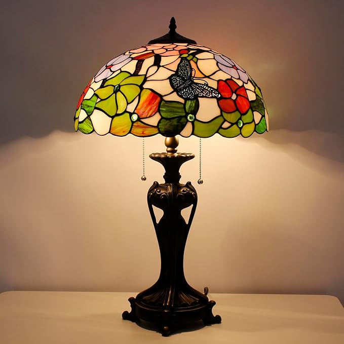 Tiffany Stained Glass Table Lamp 16X16X24 Inch Butterfly Flowers Style Desk Bedroom Living Room Antique Reading Light (Butterfly Flowers)