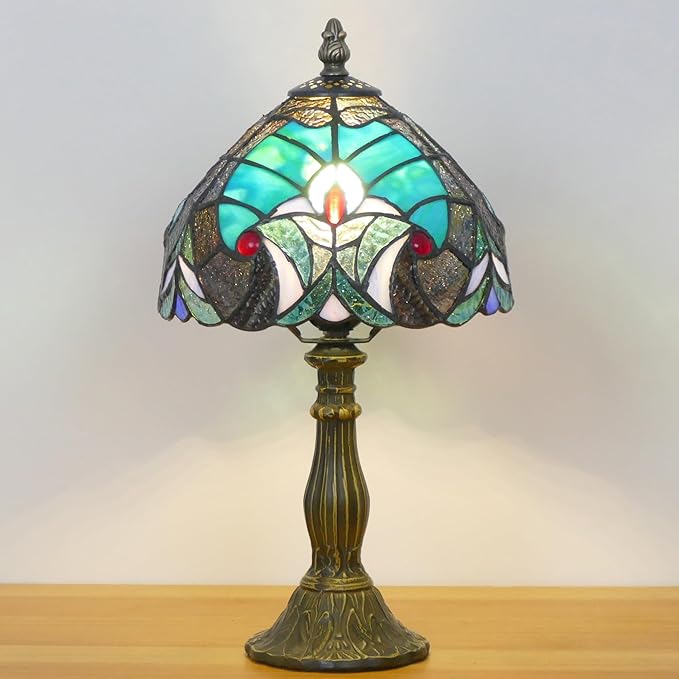 Small Tiffany Lamp Mini Stained Glass Table Lamp Bedside Accent Lamp Memory Sympathy 8X14.5 Inch (Green Liaison Style)